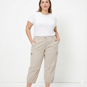 EILEEN FISHER Woman Cotton Blend Khaki Cropped Cargo Pants Multi Pocket US Sz 2X